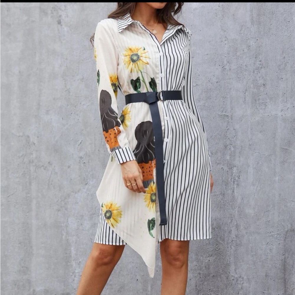 New‼️Sunflower and Strip Belted Dress